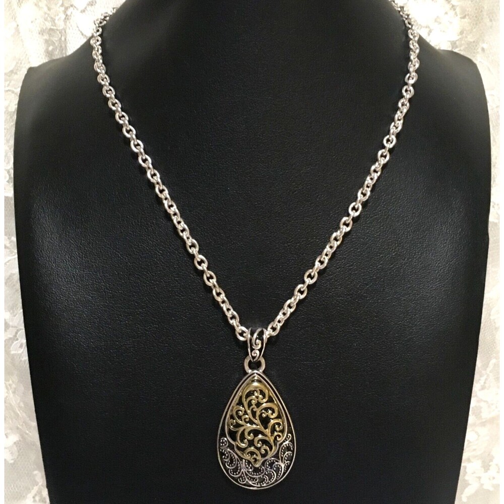 Raindrop Pendant Chain Necklace Black Enamel Gold and Silver tones